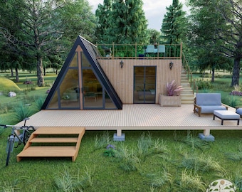 Modern A-Frame Tiny House Plans | 18x23 Cabin Blueprints with Deck (Digital Download)