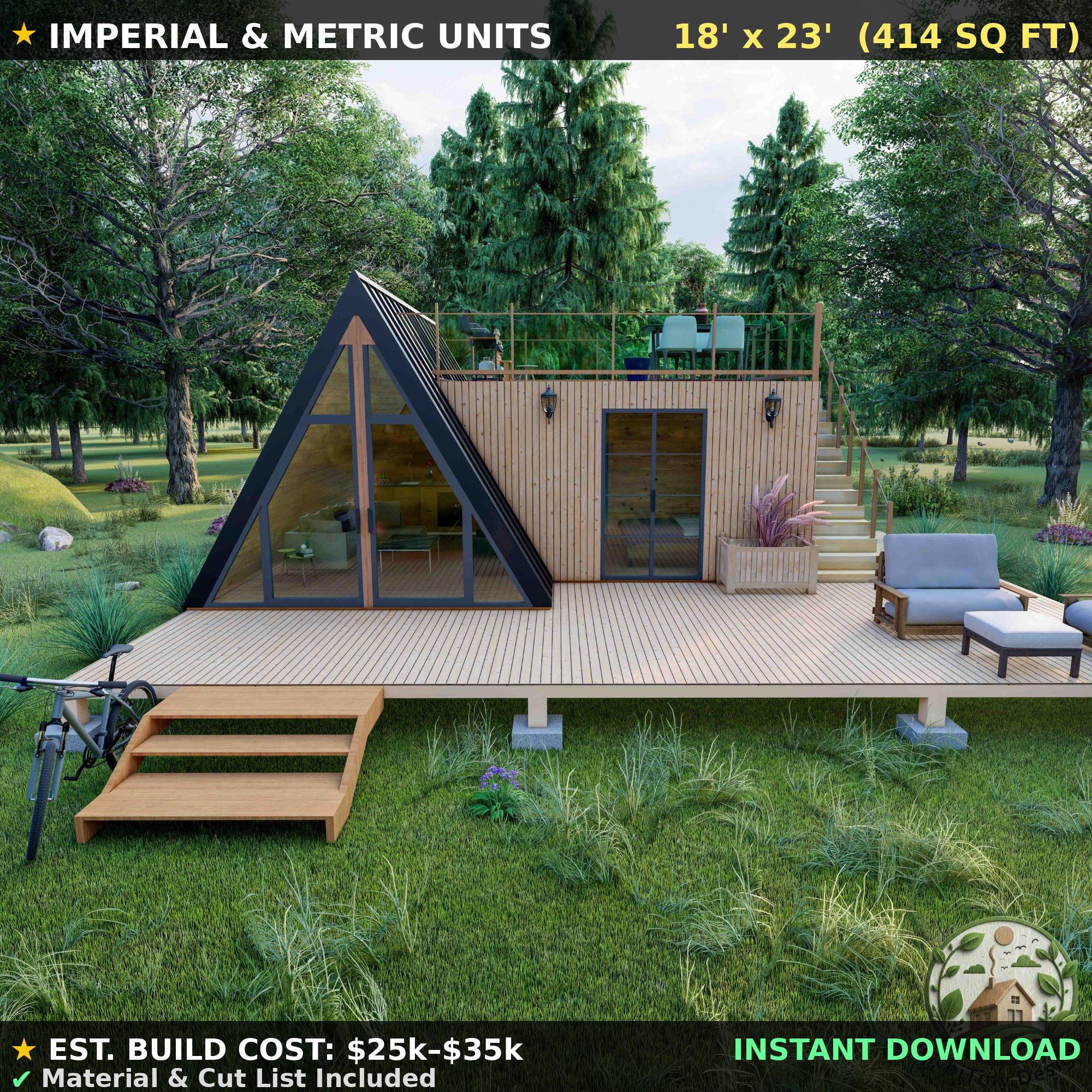 Modern A-frame Tiny House Plans | 18x23 Cabin Blueprints With Deck