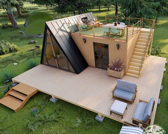 Modern A-Frame Tiny House Plans | 18x23 Cabin Blueprints with Deck (Digital Download)