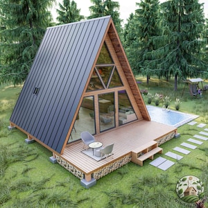 Moderne hut met a-frame architectonische plattegronden 20 x 21, plattegrond kleine huisjes, doe-het-zelfblauwdruk, plattegrond hut met loft, plattegronden Tiny Home