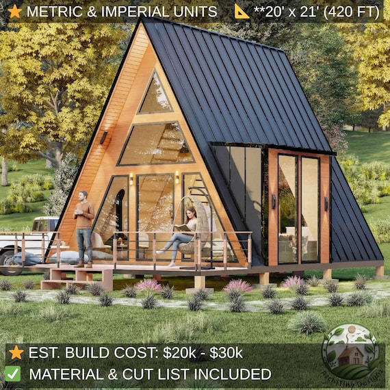 Modern A-Frame Loft Cabin Plans 20x21 | Tiny House Plans | Cozy Small House Plans | Guest House ADU Plans | Architectural Design Set | PDF