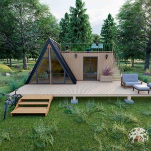 Modern A Frame Tiny House-plattegronden 18 x 23 ft pdf | Plattegrond kleine hut zelfgemaakt gebouwontwerp | Digitale download van Tiny Home-blauwdrukken