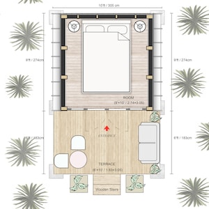 May include: A floor plan of a small house with a bedroom, a terrace, and wooden stairs. The bedroom is 9 feet by 10 feet and the terrace is 6 feet by 10 feet. The house has a wooden floor and a black frame.
