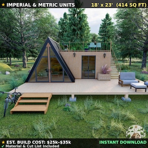 May include: A modern A-frame cabin with a wooden deck, featuring a triangular glass front, a flat-roofed section with a balcony, and outdoor seating. The structure measures 18' x 23' (414 sq ft) and includes a staircase leading to the upper deck area.