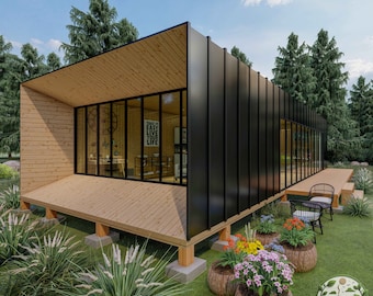 Planos de casa de campo moderna de 19x39 pies, minicasa de 1 dormitorio de 741 pies cuadrados, PDF con instrucciones paso a paso para construirla usted mismo.