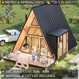 Modern A-Frame Tiny House Plan With Loft , Tiny Home Plans, Cabin House DIY Building Plans with Natural Light & Inviting Design