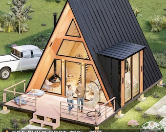 Modern A-Frame Tiny House Plan With Loft , Tiny Home Plans, Cabin House DIY Building Plans with Natural Light & Inviting Design