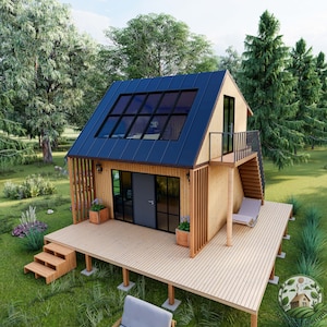 Moderne hut - Tiny House-plattegronden 16 x 16, cottage-plattegronden, kleine Tiny Home-architecturale plannen, pdf-blauwdruk cabineplannen