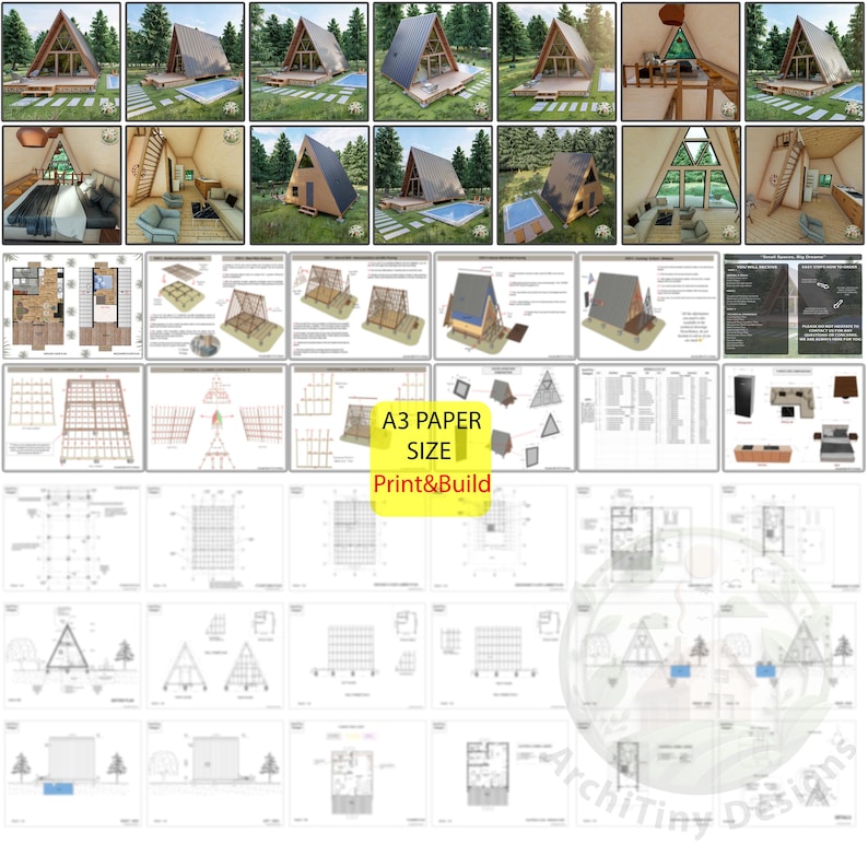 Aframe Cabin House Plans, Tiny House Blueprint 20x21, Bungalow House