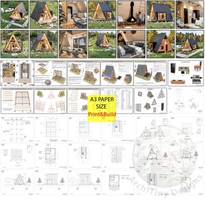 May include: A set of printable A3 paper plans for building a small, triangular cabin. The plans include detailed drawings of the cabin's exterior, interior, and framing. The plans are labeled "Print & Build" and are designed for DIY construction.