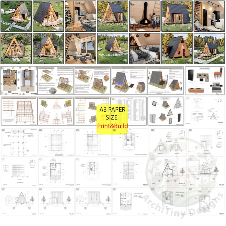 May include: A set of printable A3 paper plans for building a small, triangular cabin. The plans include detailed drawings of the cabin's exterior, interior, and framing. The plans are labeled "Print & Build" and are designed for DIY construction.