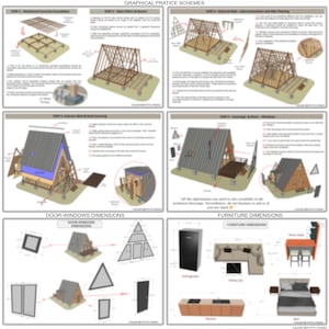 May include: A set of six diagrams showing the construction steps for a small A-frame house. The diagrams include the foundation, framing, exterior walls, roofing, and interior and exterior finishes. The final diagram shows the furniture layout for the house. The text "GRAPHICAL PRACTICE SCHEMES" is at the top of the image.