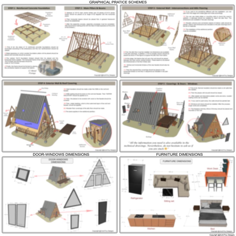 May include: A set of six diagrams showing the construction steps for a small A-frame house. The diagrams include the foundation, framing, exterior walls, roofing, and interior and exterior finishes. The final diagram shows the furniture layout for the house. The text "GRAPHICAL PRACTICE SCHEMES" is at the top of the image.