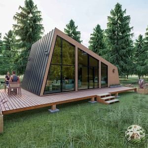Modern 16'x28' huthuisplattegrond pdf | Architectonische blauwdruk Tiny Home | Plattegrond kleine cottage met terras