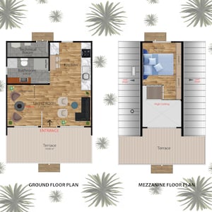 May include: Floor plan of a small house with a living room, kitchen, bathroom, and technical room on the ground floor. The second floor has a bedroom and a terrace. The plan includes measurements in feet.