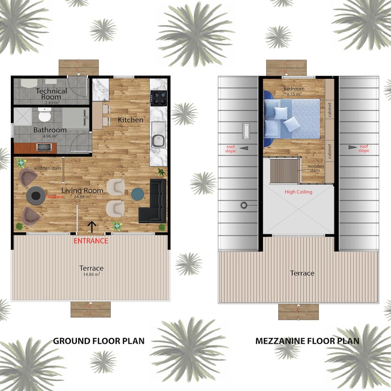 May include: Floor plan of a small house with a living room, kitchen, bathroom, and technical room on the ground floor. The second floor has a bedroom and a terrace. The plan includes measurements in feet.