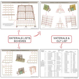 May include: A set of four diagrams showing the construction of a small wooden structure. The diagrams show the structure from different perspectives and include a materials list and cut list. The diagrams are labeled "Materials Lists-Schemes" and "Materials & Cut List".