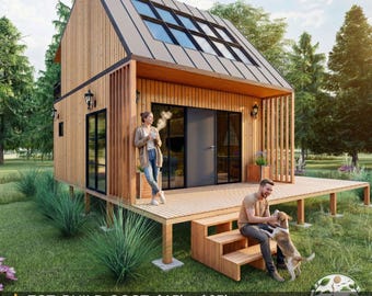 16x16 Tiny House Plan | Modern Cabin Blueprints, Guest House ADU (PDF)