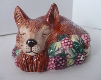 Vintage Fitz & Floyd Ceramic Sleeping Red Fox Potpourri Holder 1980