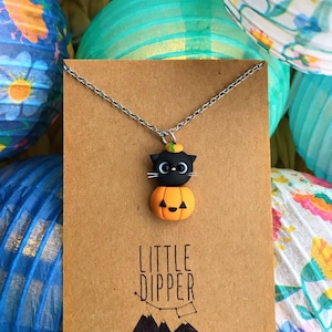 Black Cat with Pumpkin Costume - Halloween Jewelry - Polymer Clay Necklace