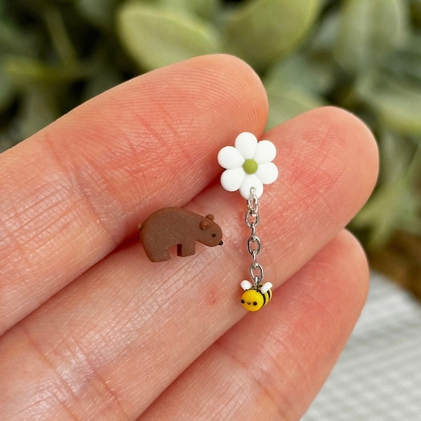 Grizzly and Bumble Bee Stud Earrings - Spring Theme Clay Jewellery