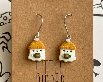 Handmade Pumpkin Latte Ghost Earrings - Fall Halloween Polymer Clay Jewelry
