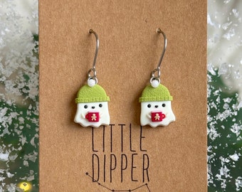 Cozy Ghost with Gingerbread Latte Earrings - Winter Themed Handmade Polymer Clay Jewelry - Christmas Clay Earrings