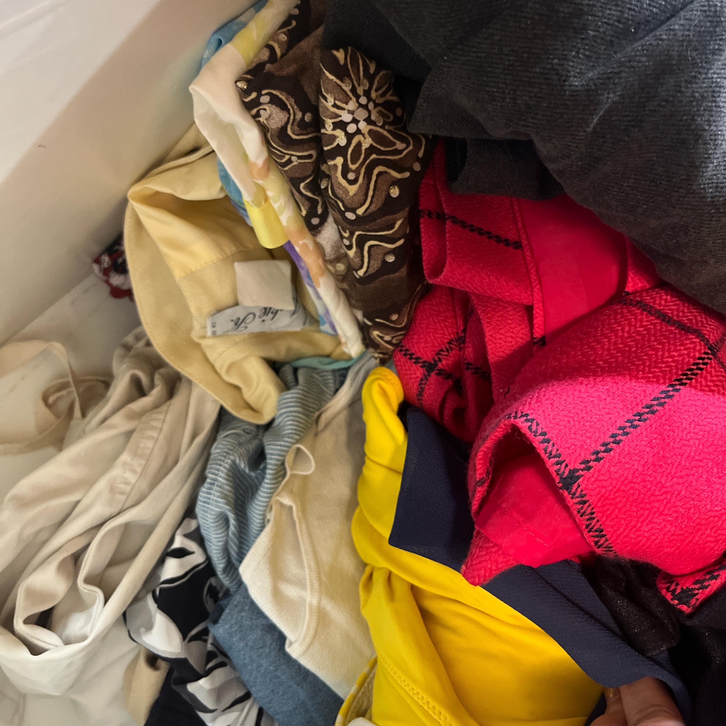 20 + items, including jean overalls, shorts, skirts, dresses, and tops, bundle of clothes, vintage clothing, mystery box of clothes
