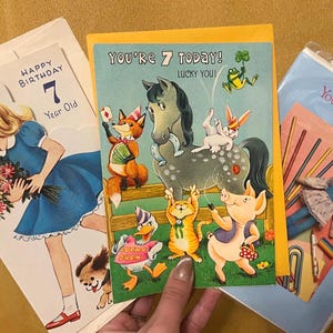 Biglietti di compleanno per bambini di 7 anni, biglietti di compleanno vintage, biglietti vintage per bambini di 7 anni, vintage, biglietti di compleanno, venduti separatamente