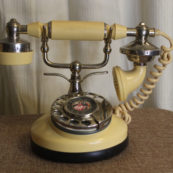 Yellow Vintage 1970s Rotary Dial Telephone Brass French Victorian Style