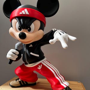 May include: A Mickey Mouse figurine wearing a red headband with a white logo, a black zip-up jacket with a white logo, and red track pants with white stripes. The figure holds a grey microphone in one hand and wears tan trainers with black stripes.
