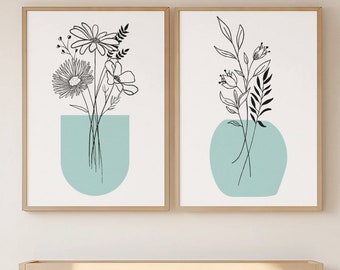Flower Line Art Prints, Set of 2 Prints, Digital Download, Flower Wall Art, Floral Prints