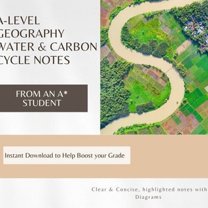 May include: A-Level Geography Water & Carbon Cycle Notes from an A* student.  The notes are available for instant download to help boost your grade.  The notes are clear and concise, highlighted with diagrams.  The image shows a river winding through a green landscape.