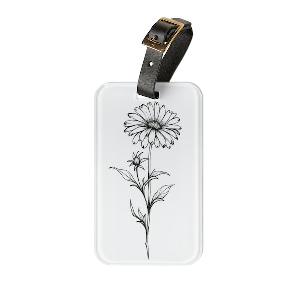 Chic Monochrome Daisy Sketch Acrylic Luggage Tag – Contemporary Floral Design with Leather Strap, Unique Travel Accessory, Gift for Traveler