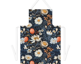 Delantal floral Midnight Garden / Elegante delantal de chef inspirado en William Morris / Atuendo de cocina ingenioso Poliéster preencogido duradero blanco