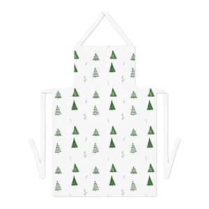 Holiday Pine Tree Print Apron, Durable Polyester Canvas, White Christmas Kitchen Wear, Festive Baking Apron with White Ties, One-Size