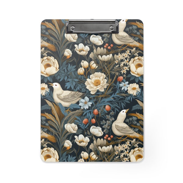 Elegant Floral & Bird Pattern Clipboard | Decorative Office Accessory | Classic Design with Built-in Hook | William Morris Inspired Gift