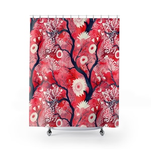 Vibrant Asian-Inspired Floral Shower Curtain - Contemporary Red Botanical Design, Stylish Bathroom Accent, Durable Polyester Fabric - 72x72&quot;