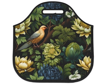 William Morris-geïnspireerde lunchtas van neopreen met bloemen en vogels - geïsoleerd, lichtgewicht, twee maten beschikbaar, lunchtas voor volwassenen voor werk, schooltas