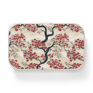 Lonchera Bento de inspiración asiática con estampado floral rojo, ecológica, tapa de madera, compartimentos, banda elástica incluida, lonchera de regreso a clases