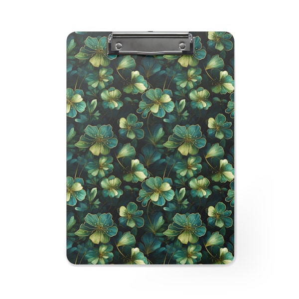 Jade Bloom Floral Clipboard | Office and School Supply | Sturdy Fiberboard with Pull-Out Hook for Storage | St. Patrick's Day Design Board