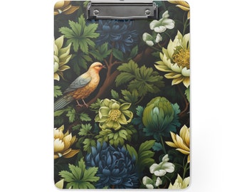 Planche à pince inspirée de William Morris, motif d'oiseau floral artistique, panneau de fibres de bois durable, indispensable au bureau et à la classe, tableau d'écriture design