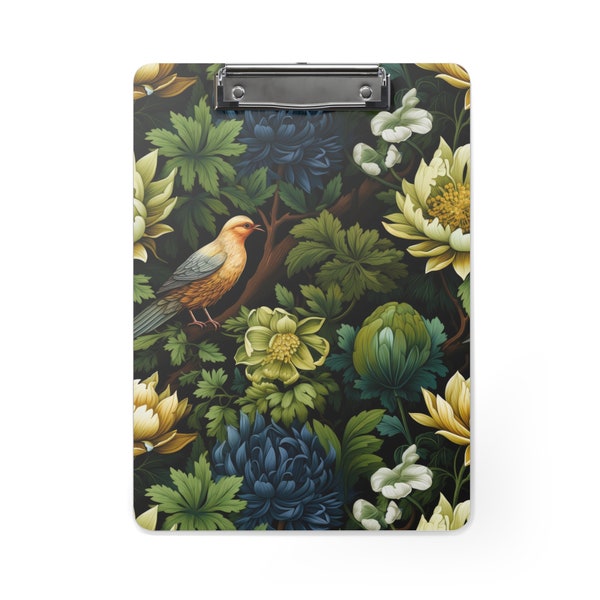 William Morris-inspired clipboard, Artistic Floral Bird Pattern, Durable Fiberboard, Office & Classroom Essential, Designer Writing Board