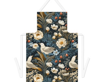 Delantal de chef inspirado en William Morris / Patrón vintage floral y de pájaros / Lona de poliéster preencogida / Estilo de cocina clásico con corbatas blancas