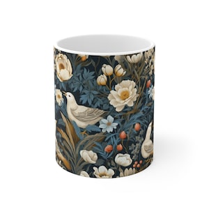Botanical Elegance White Ceramic Mug | William Morris-Inspired Floral Design | 11oz Durable Cup for Beverages | Perfect Rounded Corners