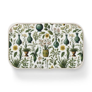 Fiambrera Bento con patrón botánico vintage con divisor, sin BPA, portátil compacta, linda para picnic, trabajo, escuela, ecológica, preparación de comidas