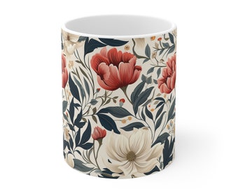 Mug en céramique Blooming Opulence - symphonie florale inspirée de William Morris en cramoisi et crème, cadeau tasse à thé, cadeau pour jardinier, cadeau pour maman