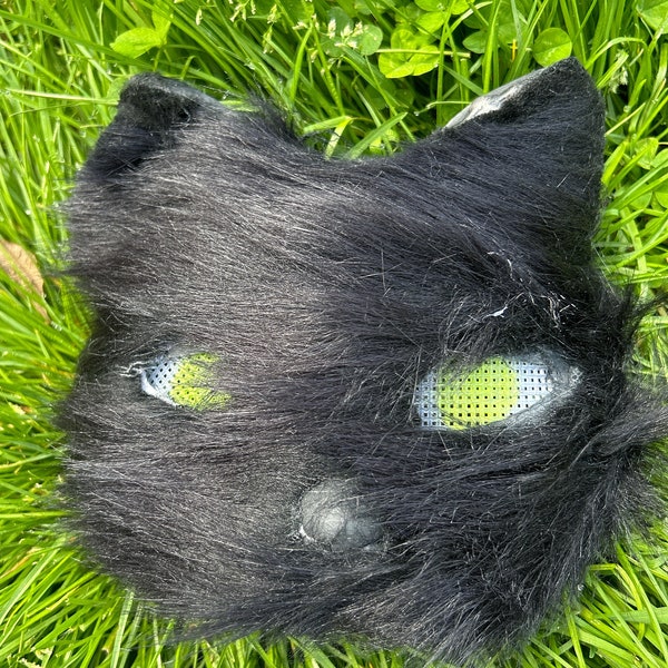 Black "Windswept" Furred Feline Mask | Therian Mask