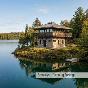 May include: A stone and wood building with a flat roof and a wraparound balcony sits on a small island. The building has large windows and is surrounded by trees and water. The text "Smokey's - Planning Package" is at the bottom of the image.