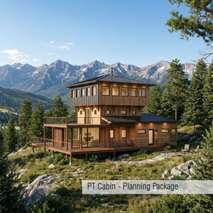 May include: A modern, multi-level cabin with a wooden exterior and a dark gray roof, nestled in a mountainous landscape. The cabin features large windows, balconies, and the text "PT Cabin - Planning Package".